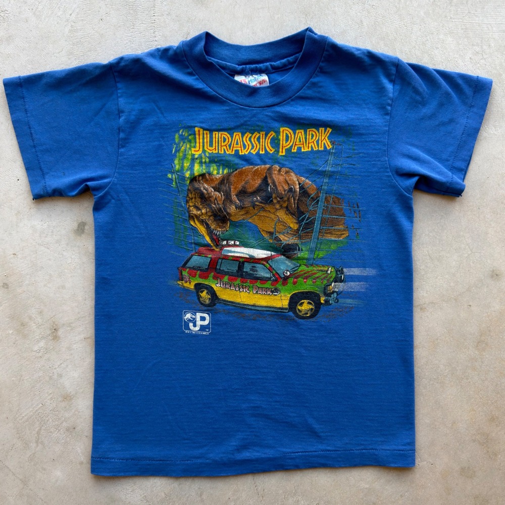 Vintage 1993 Jurassic Park T-Shirt Hanes 50/50 Blue Kids T-Rex Movie Tee 90s